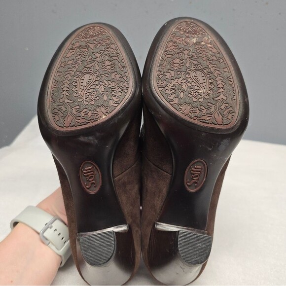 SOFFT GEVA MARY JANE SUEDE PUMPS BROWN PEEP TOE HEELS 7.5M - Picture 7 of 8